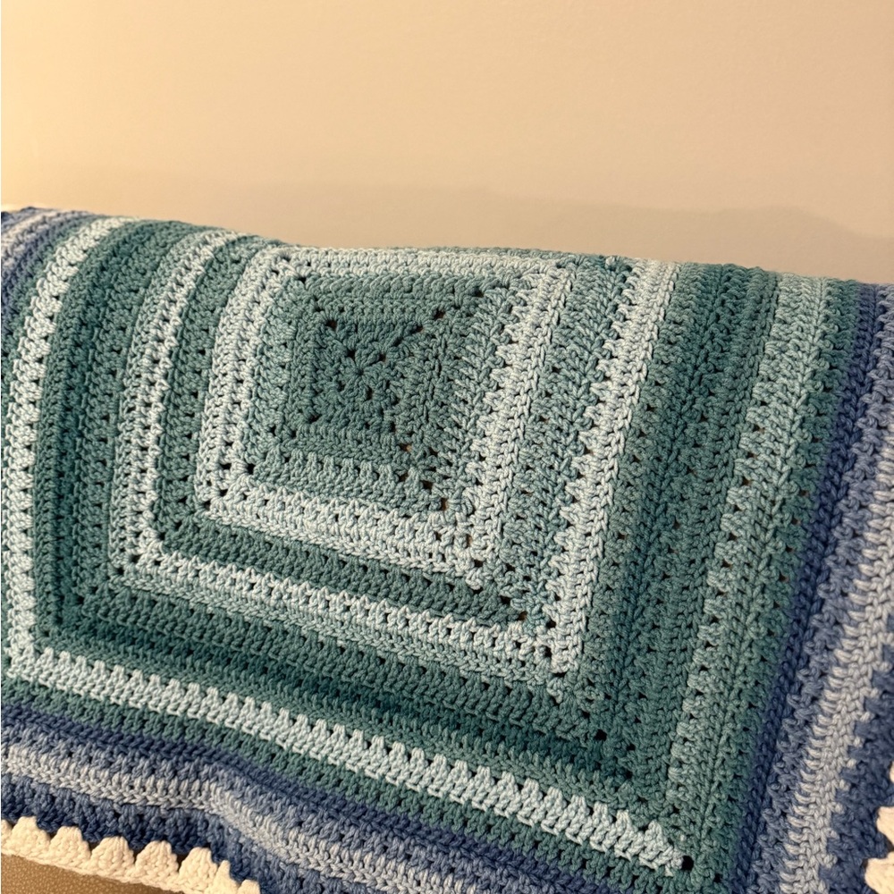 Handmade Crocheted Square Blanket in Teal, Light Blue & Navy